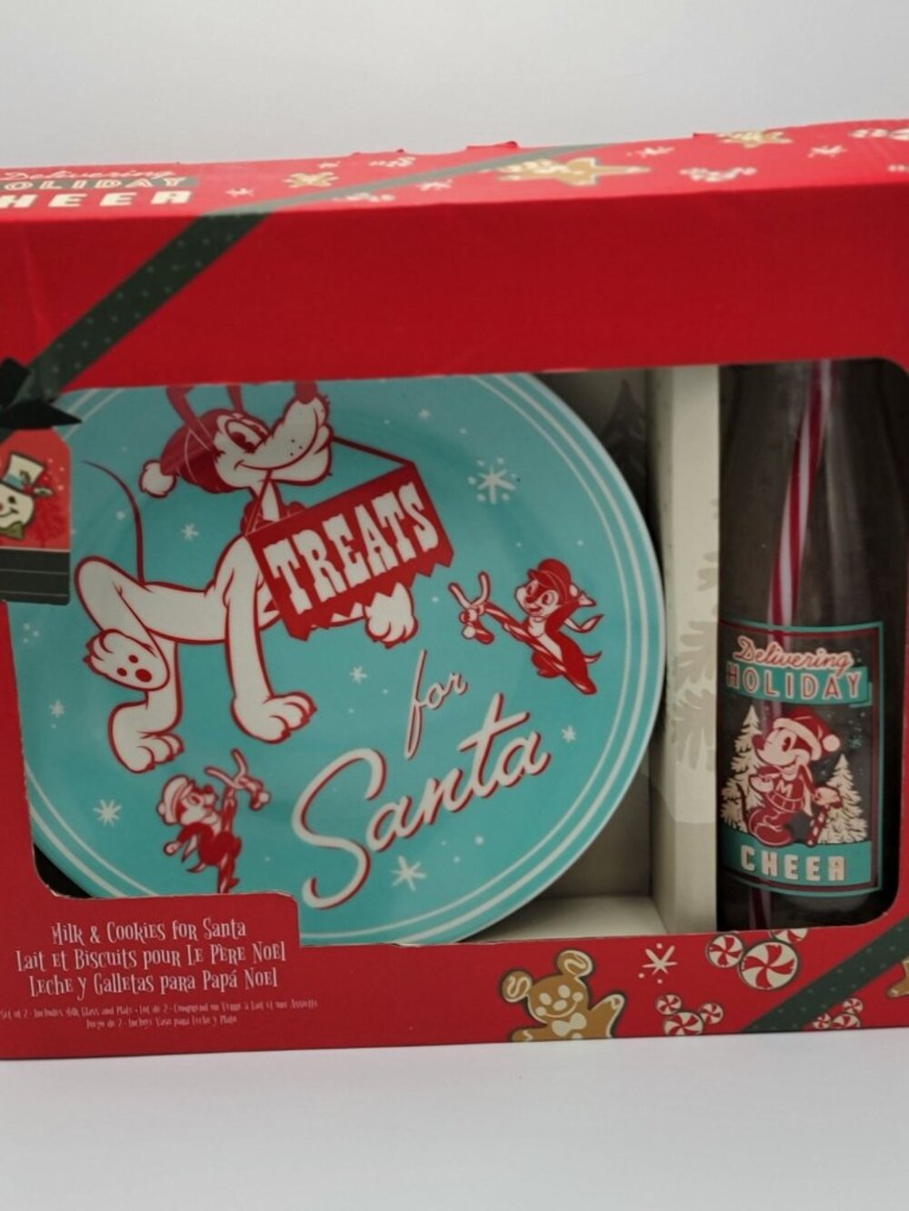 Disney Holiday Mickey & Pluto Milk & Cookies For Santa Set Plate & Bottle New